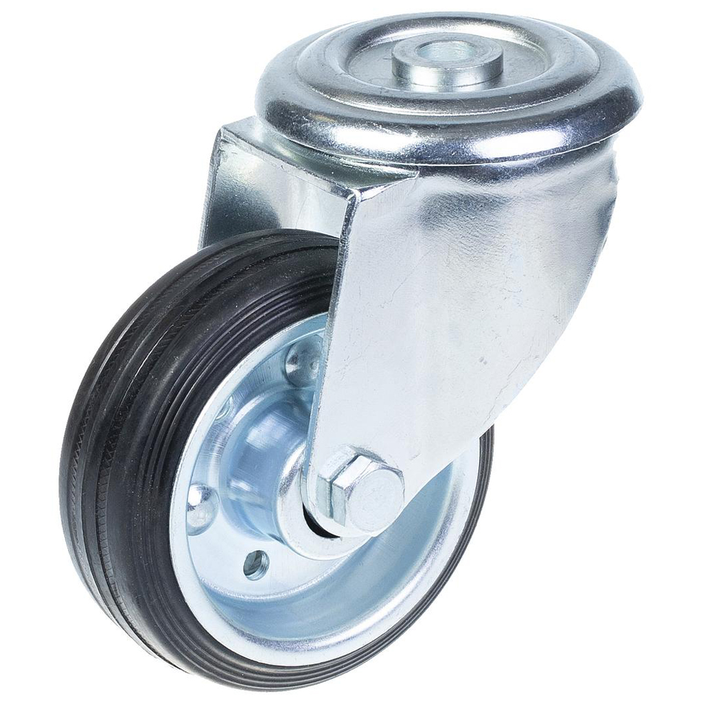 300 series 80mm swivel bolt hole 10,5mm castor with black rubber on pressed steel centre roller bearing wheel 70kg