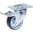 300 series 80mm swivel/brake top plate 100x80mm castor with black rubber on pressed steel centre roller bearing wheel 70kg