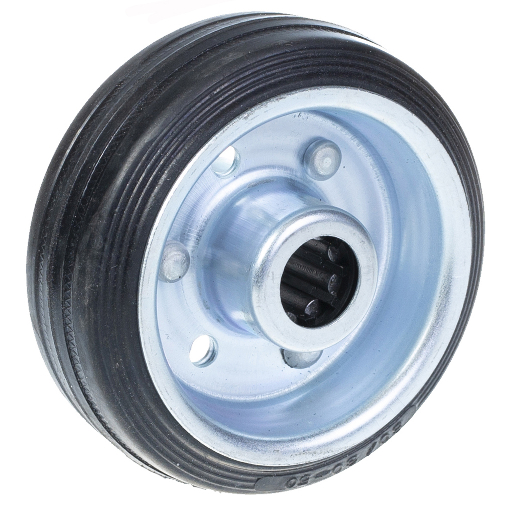 A-A01-80 80mm black rubber on pressed steel centre 14mm bore hub length 39mm roller bearing 70kg