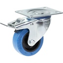 300 series 80mm swivel/brake top plate 100x80mm castor with blue elastic rubber on nylon centre plain bearing wheel 140kg