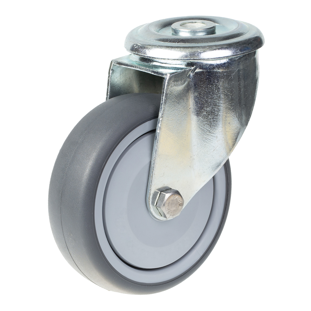 300 series 80mm swivel bolt hole 10,5mm castor with grey thermoplastic rubber on polypropylene centre single ball bearing wheel 80kg