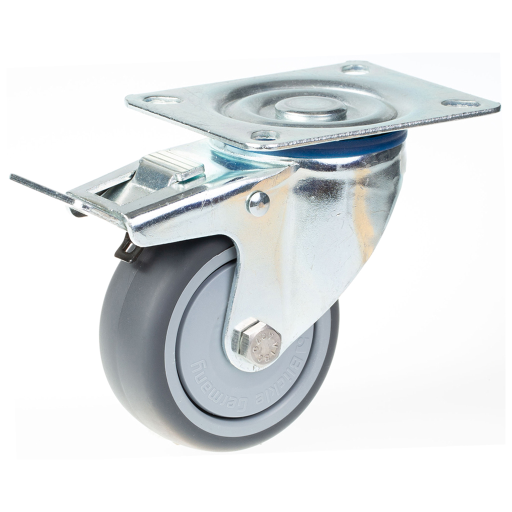 300 series 80mm swivel/brake top plate 100x80mm castor with grey PATH polyurethane on nylon centre single ball bearing wheel 150kg