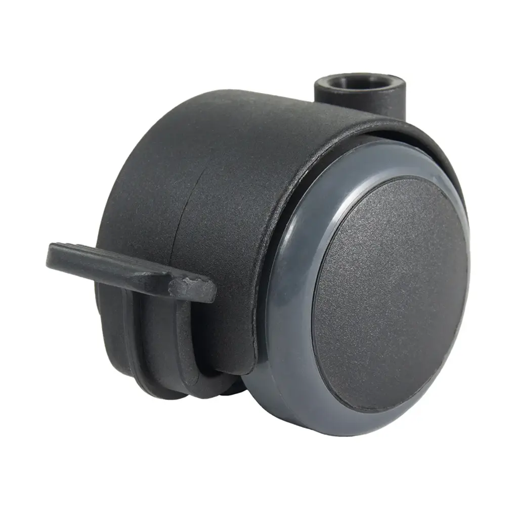 GR5016 Series 2x50mm black twin wheel castor with foot brake, no fitting, dark grey polyurethane tread on black nylon centre wheels