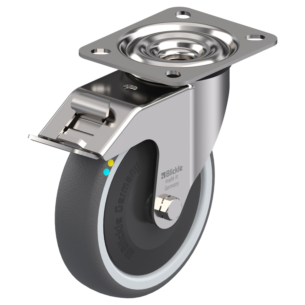 300SS series 125mm stainless steel swivel/brake top plate 100x85mm castor with electrically conductive grey polyurethane on nylon centre additional sealed single ball bearing wheel 150kg