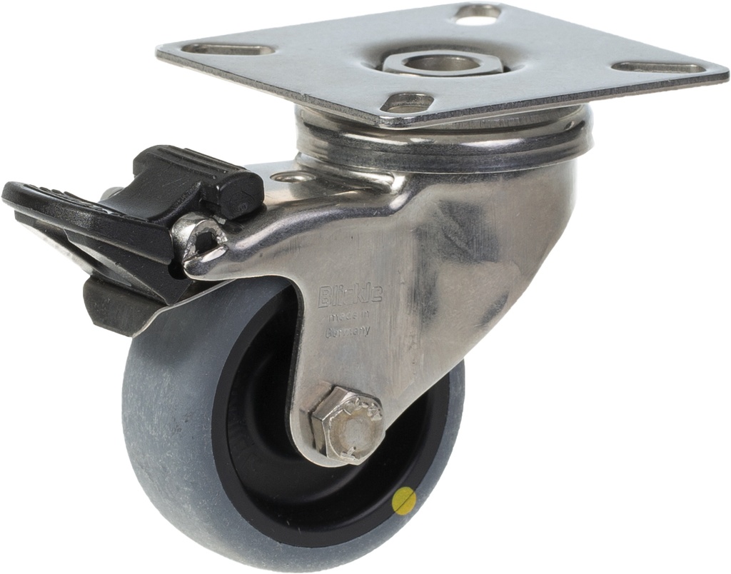 100SS series 50mm stainless steel swivel/brake top plate 60x60mm castor with electrically conductive grey thermoplastic rubber on polypropylene centre plain bearing wheel 30kg
