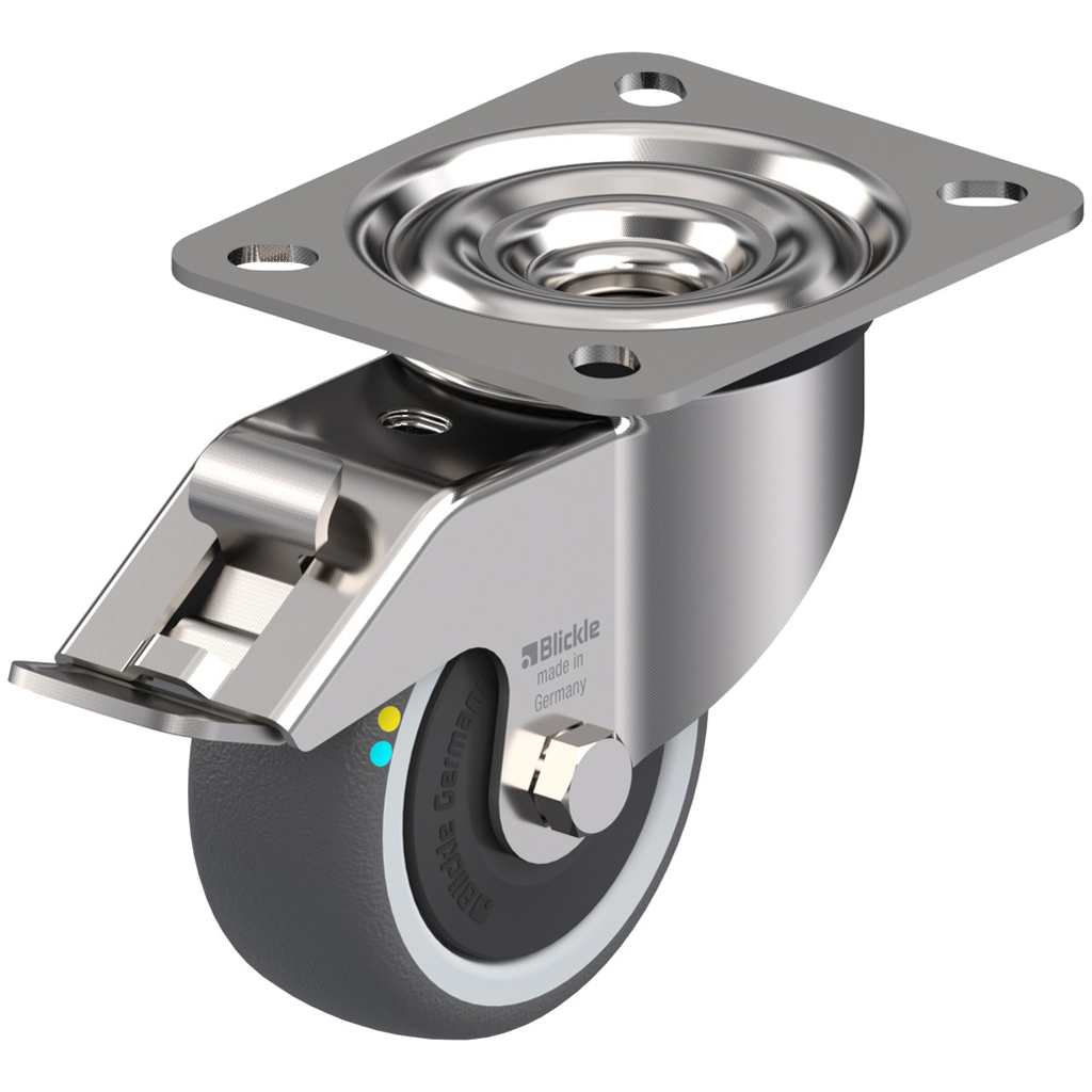 300SS series 80mm stainless steel swivel/brake top plate 100x85mm castor with electrically conductive grey polyurethane on nylon centre additional sealed single ball bearing wheel 100kg