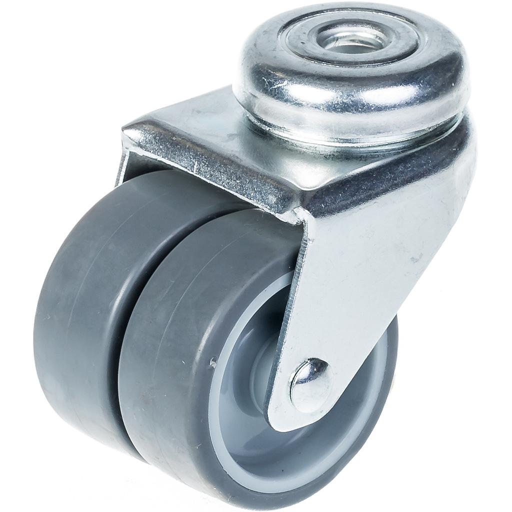 100 series 2x50mm swivel bolt hole 10mm castor with grey thermoplastic rubber on polypropylene centre plain bearing wheels 70kg