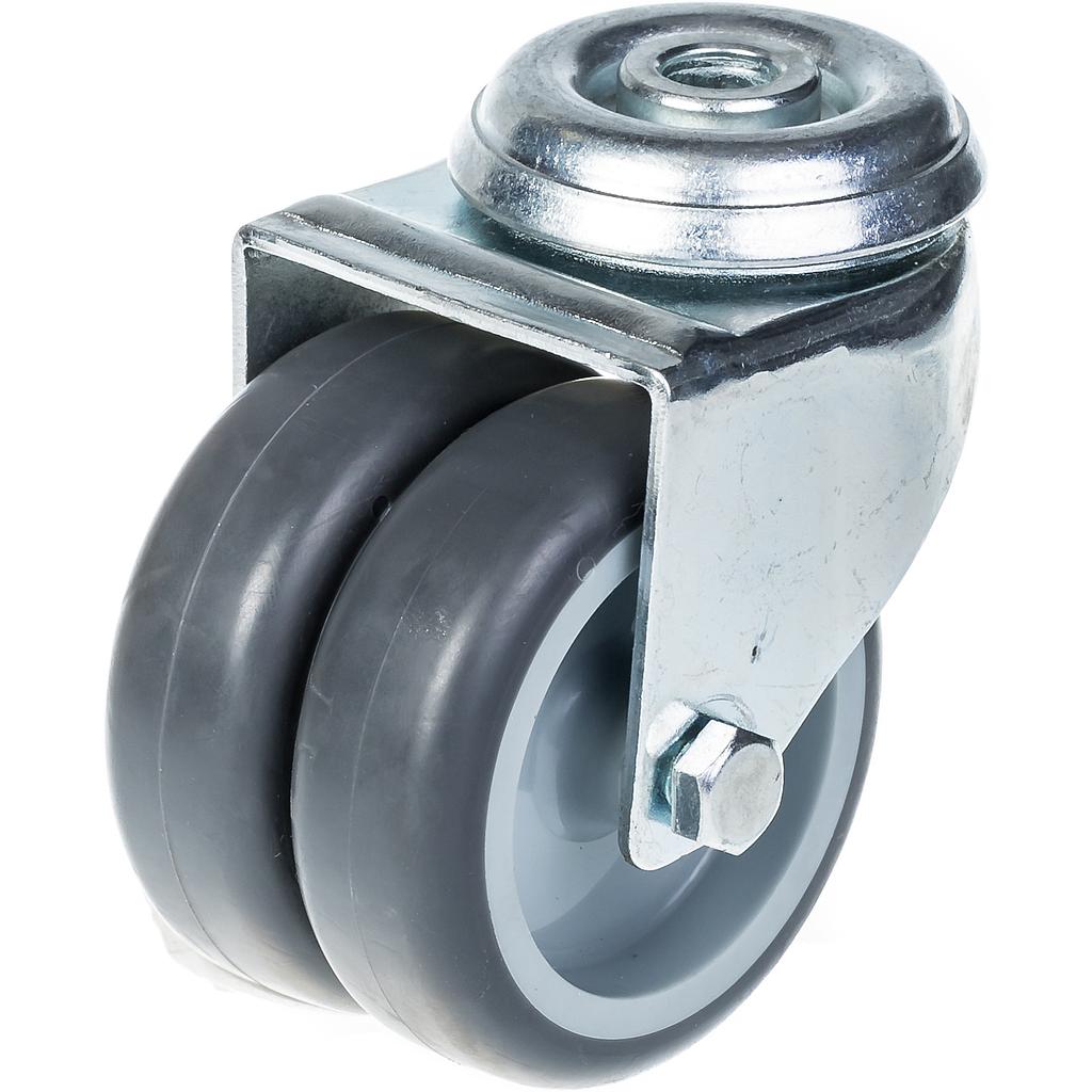 100 series 2x75mm swivel bolt hole 12mm castor with grey thermoplastic rubber on polypropylene centre plain bearing wheels 100kg