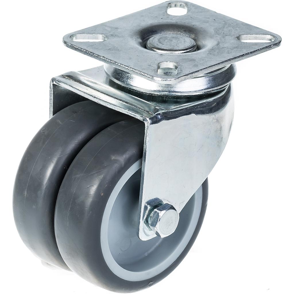 100 series 2x75mm swivel top plate 77x67mm castor with grey thermoplastic rubber on polypropylene centre plain bearing wheels 80kg