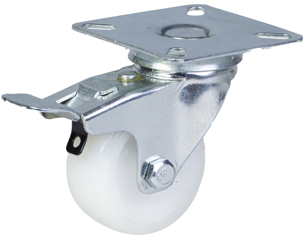 100 series 50mm swivel/brake top plate 60x60mm castor with nylon tread on polypropylene centre plain bearing wheel 50kg