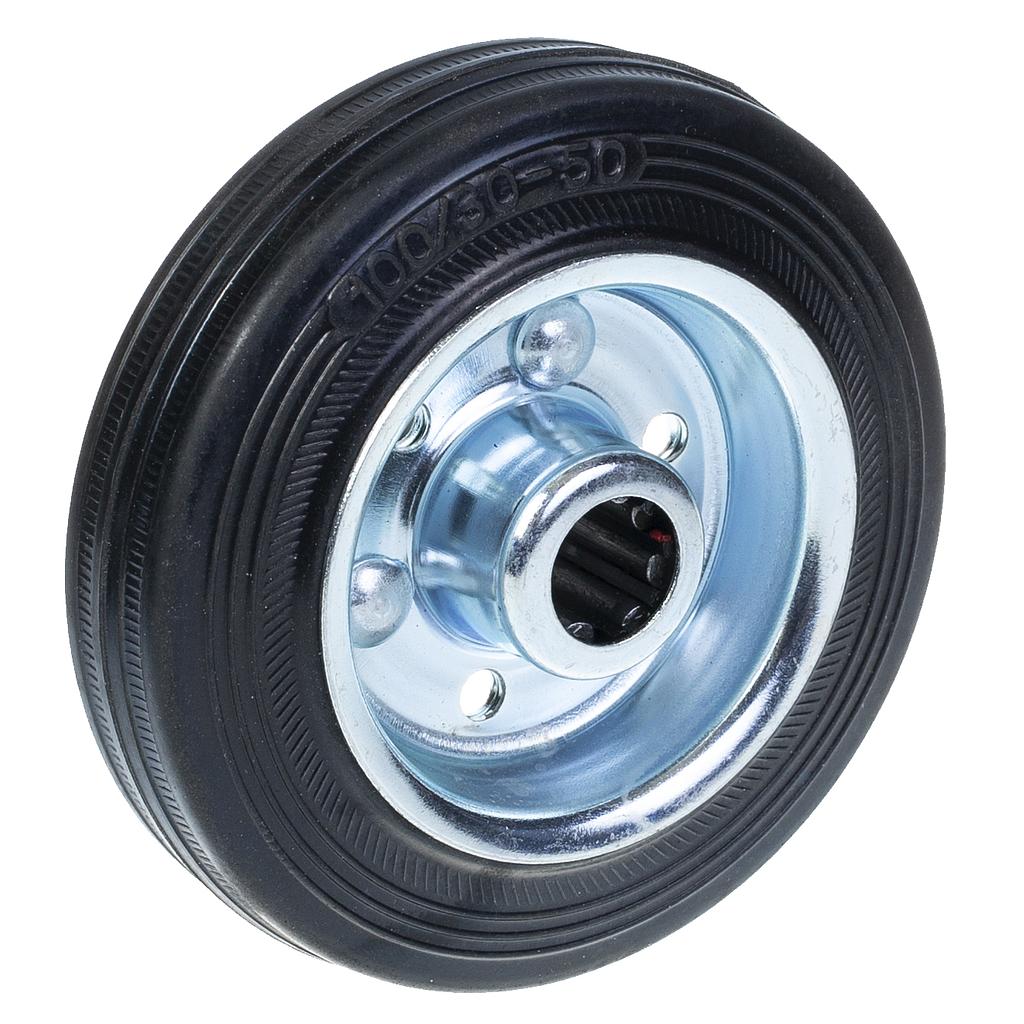 A-A01-100 100mm black rubber on pressed steel centre 14mm bore hub length 39mm roller bearing 90kg