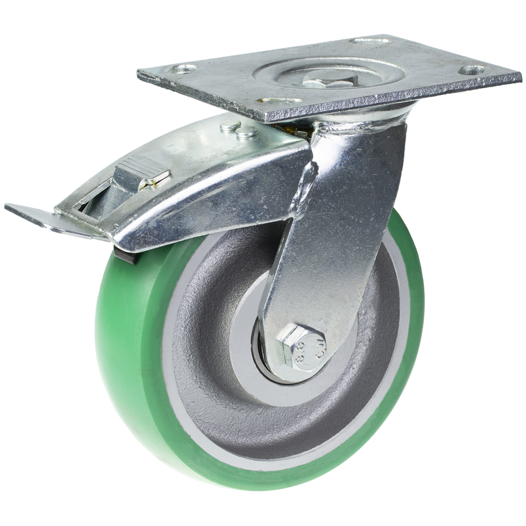 500 series 160mm swivel/brake top plate 140x110mm castor with green convex elastic polyurethane on cast iron centre ball bearing wheel 500kg