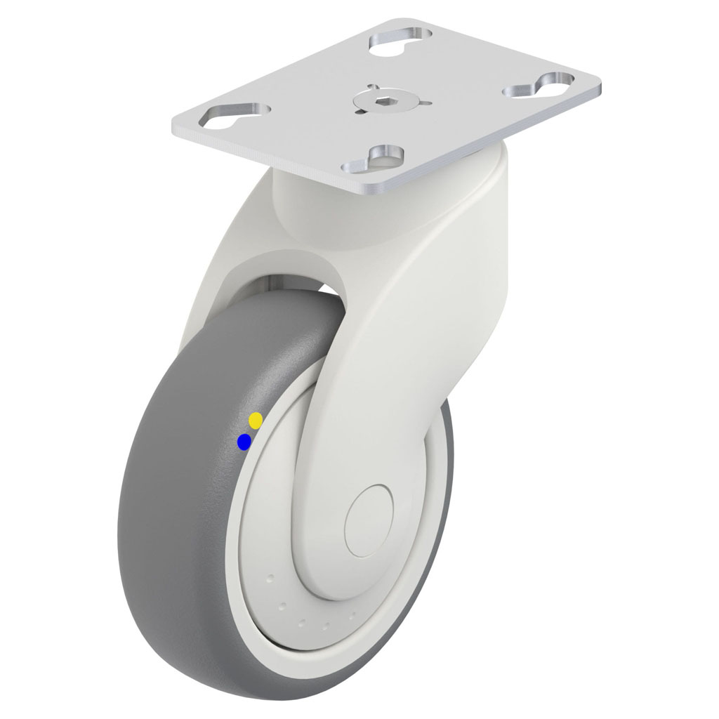 LWKXE-TPA 101XK-ELS-FK-PX25 Plastic castor series 100mm stainless swivel top plate 90x66mm castor with electrically conductive grey thermoplastic rubber on polypropylene centre single ball bearing wheel 70kg