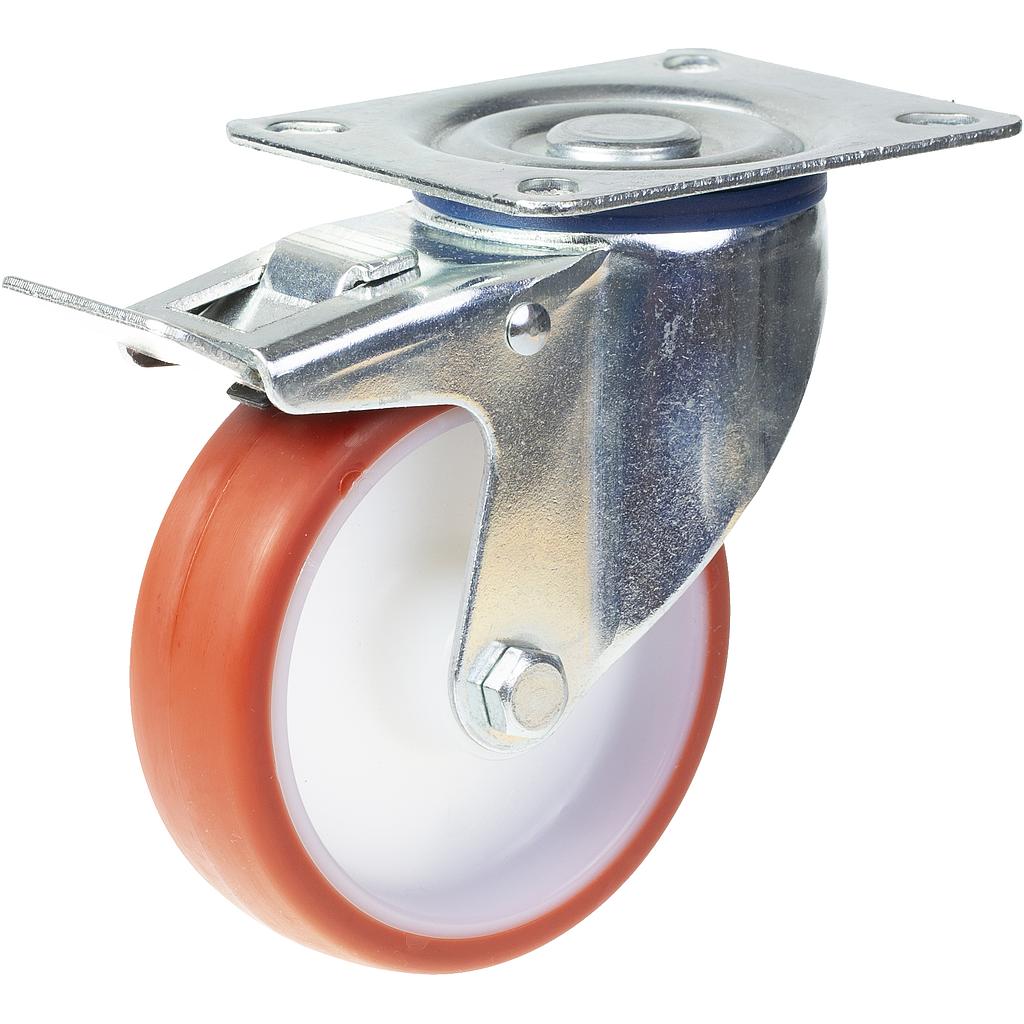 l420.100 100mm swivel/brake top plate 100x80mm castor with polyurethane on nylon centre roller bearing wheel 150kg