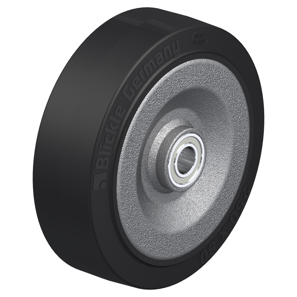 SE 252/25K 250x80mm black elastic rubber on welded steel centre 25mm bore hub length 90mm ball bearings 1000kg