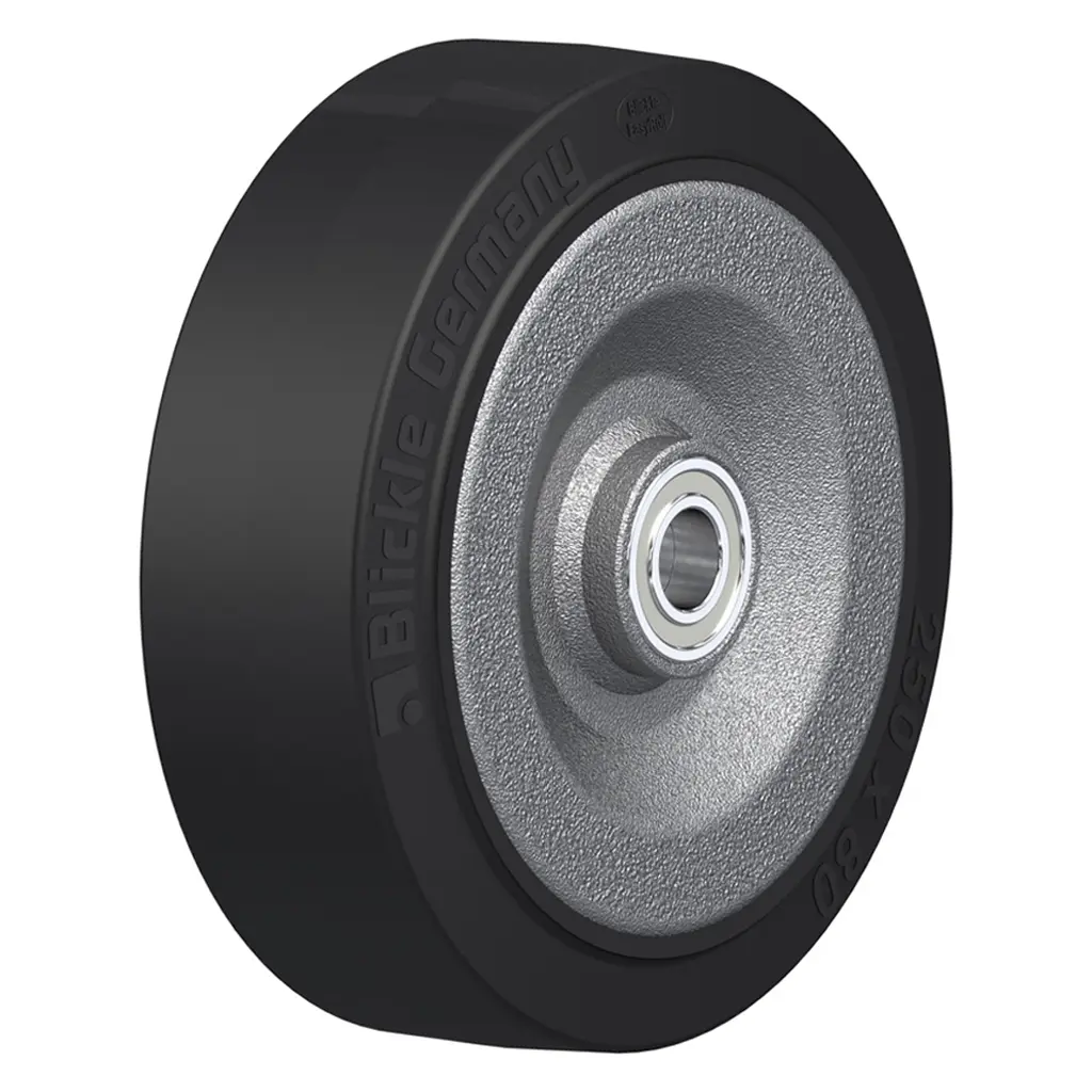 SE 252/25K Wheel series 250mm black elastic rubber on welded steel centre 25mm bore hub length 90mm ball bearings 1000kg