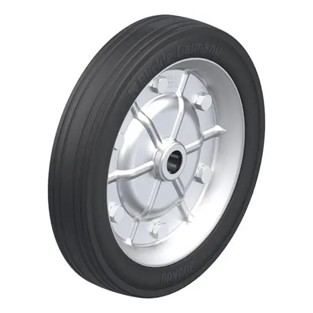 V 302/25-50R Wheel series 300mm black rubber on pressed steel centre 25mm bore hub length 50mm roller bearing 300kg