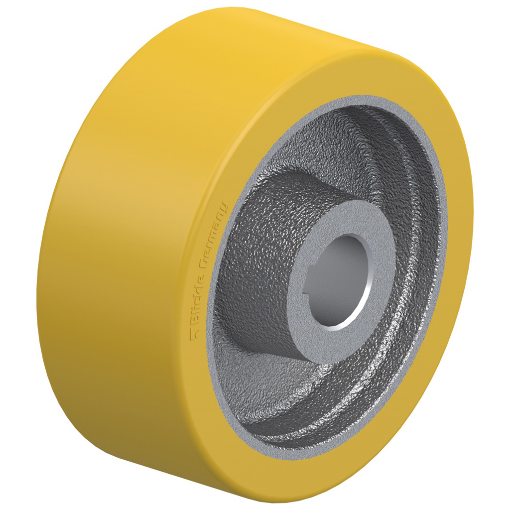 Wheel series 125x50mm Extrathane polyurethane on cast iron centre bore 25mm H7 hub length 60mm plain bearing with keyway 8x3.3mm 550kg