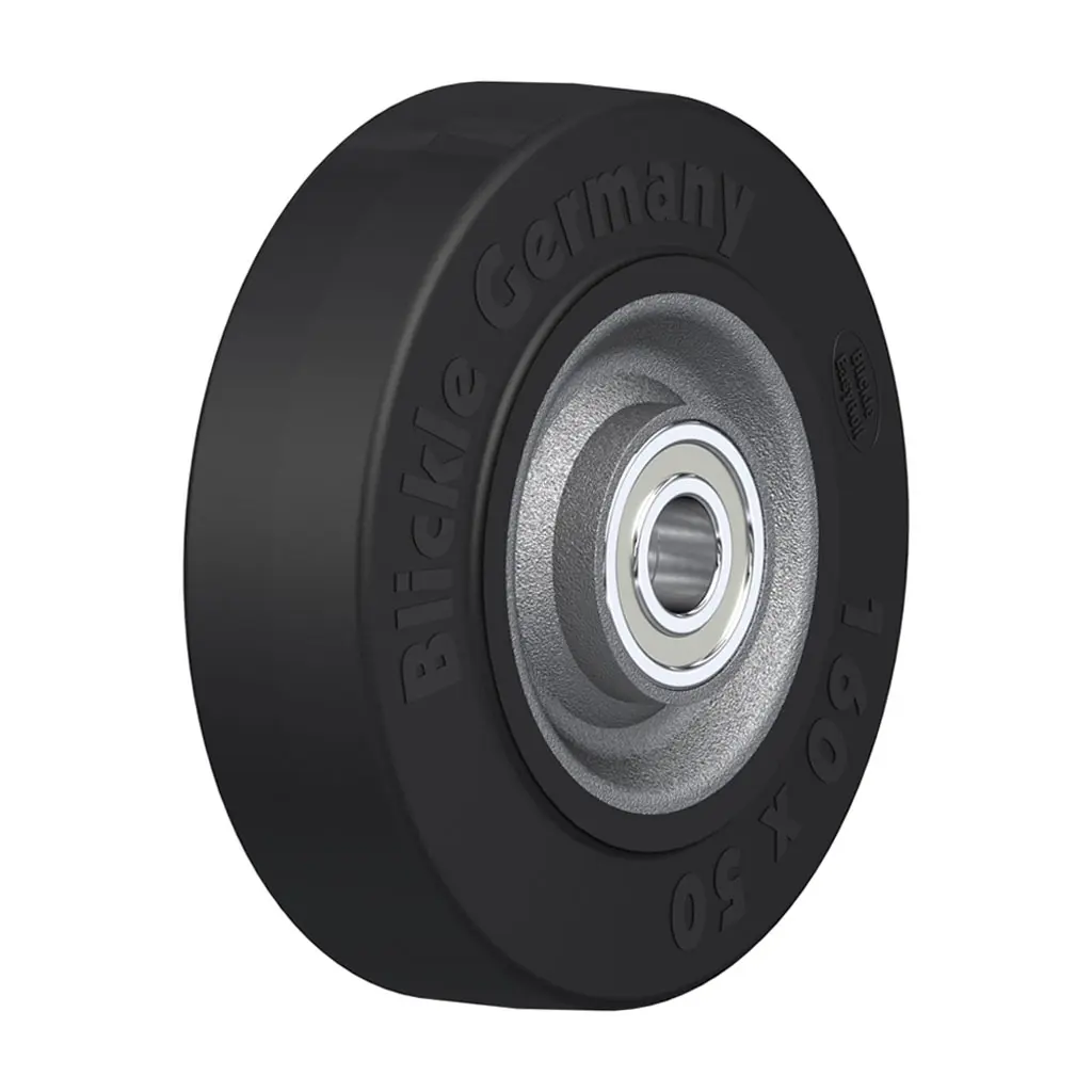 SE 160/20K Wheel series 160mm black elastic rubber on welded steel centre 20mm bore hub length 60mm ball bearings 450kg