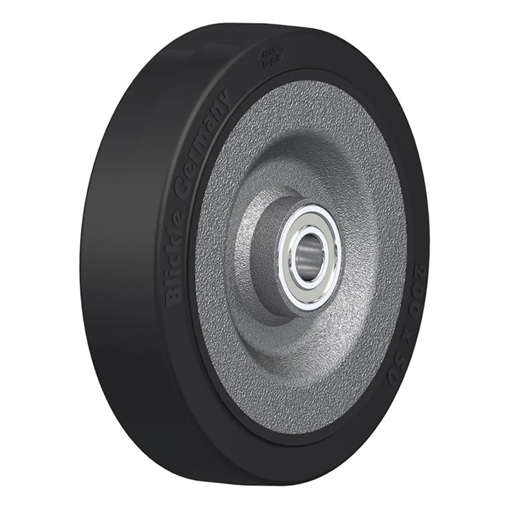 SE 200/20K Wheel series 200mm black elastic rubber on welded steel centre 20mm bore hub length 60mm ball bearings 600kg
