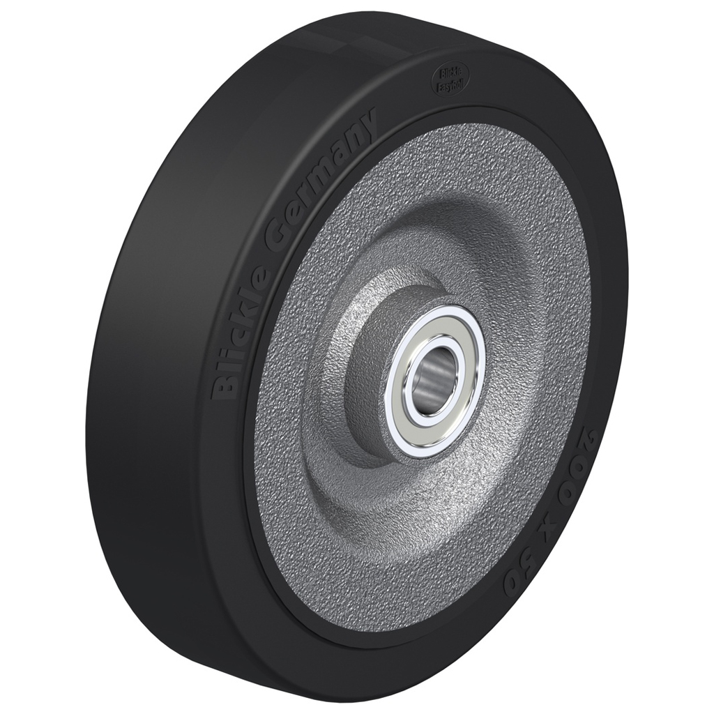 Wheel series 200mm black elastic rubber on welded steel centre 20mm bore hub length 60mm ball bearings 600kg