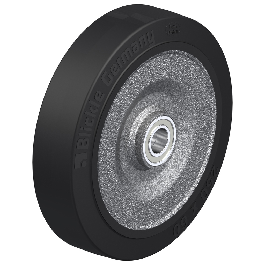 SE 250/25K 250x60mm black elastic rubber on welded steel centre 25mm bore hub length 70mm ball bearings 850kg