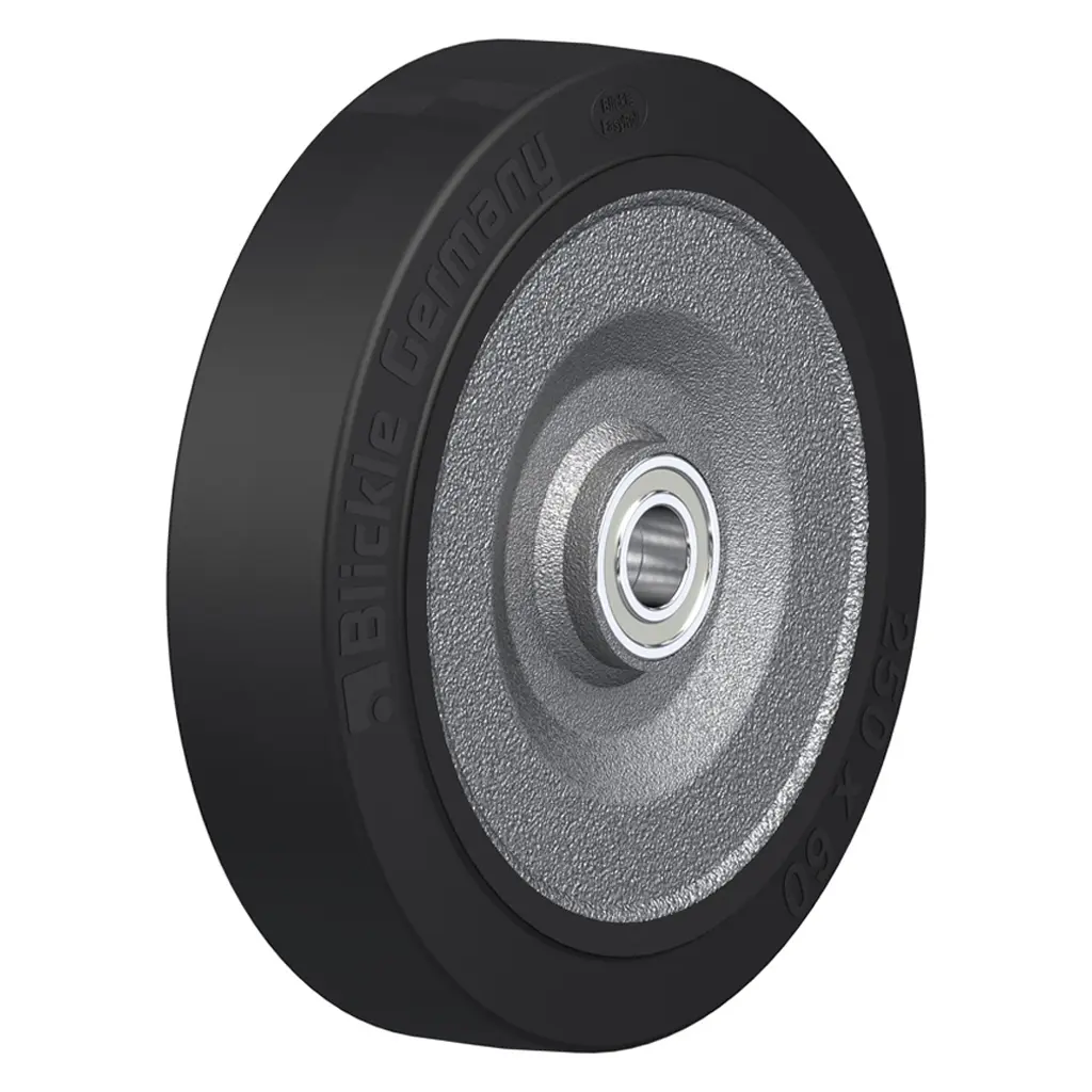 SE 250/25K Wheel series 250mm black elastic rubber on welded steel centre 25mm bore hub length 70mm ball bearings 850kg