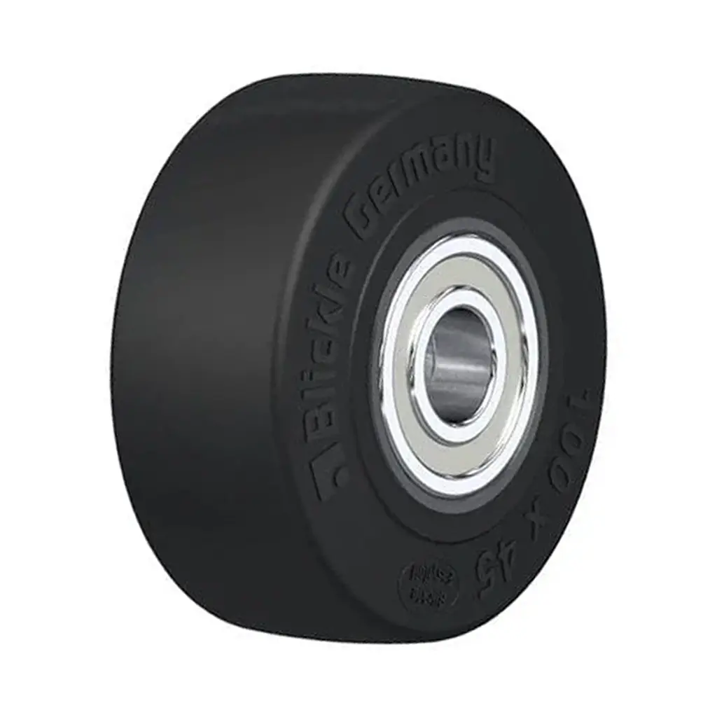 SE 100/20K Wheel series 100mm black elastic rubber on nylon centre 20mm bore hub length 45mm ball bearings 270kg