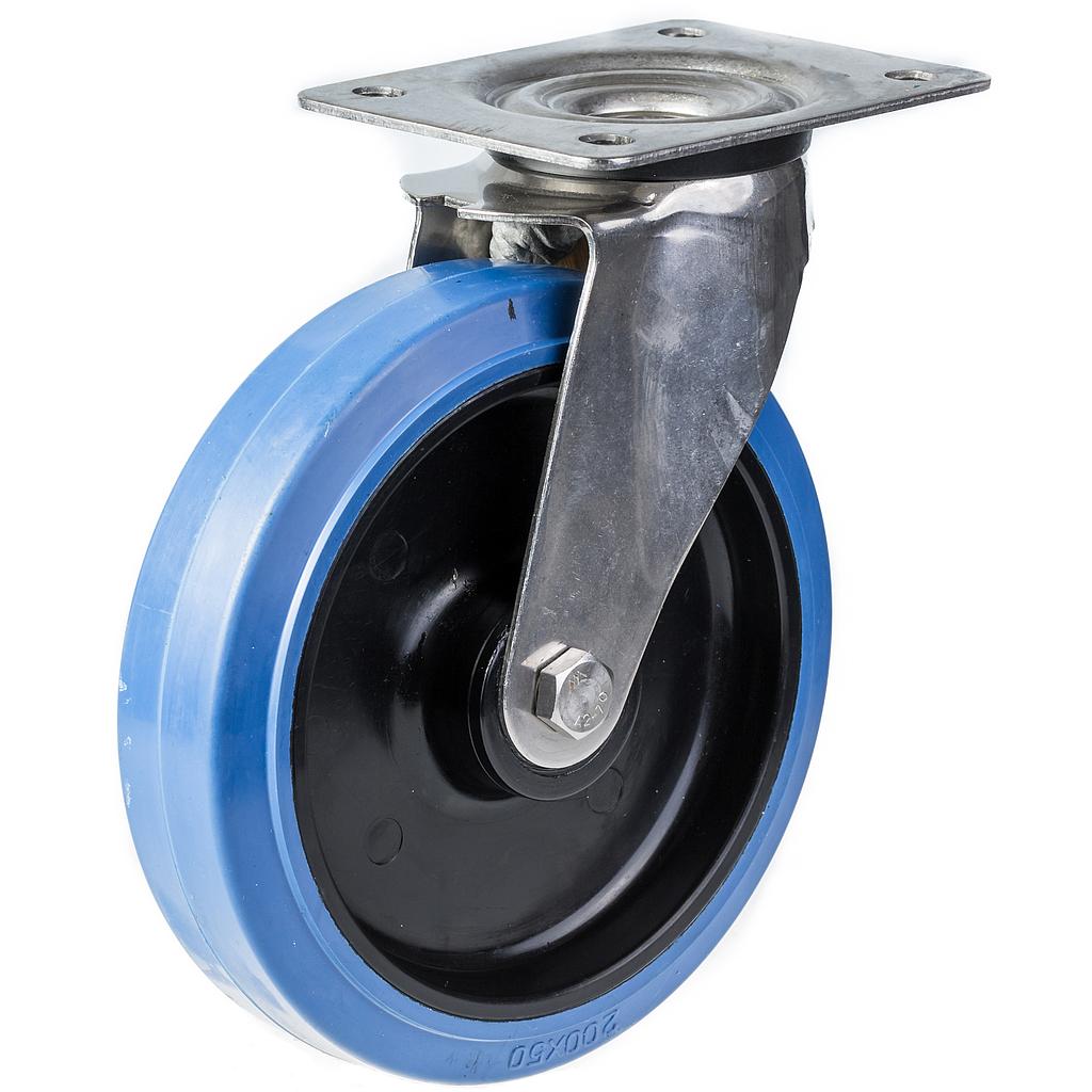 300SS series 200mm stainless steel swivel top plate 140x110mm castor with blue elastic rubber on nylon centre stainless steel roller bearing wheel 300kg