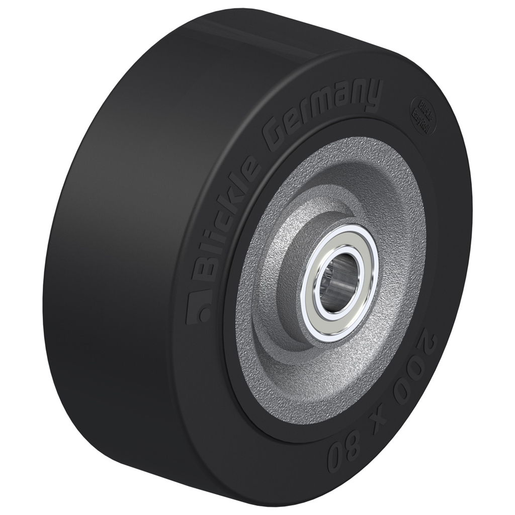 SE 202/25K 200x80mm black elastic rubber on welded steel centre 25mm bore hub length 90mm ball bearings 850kg