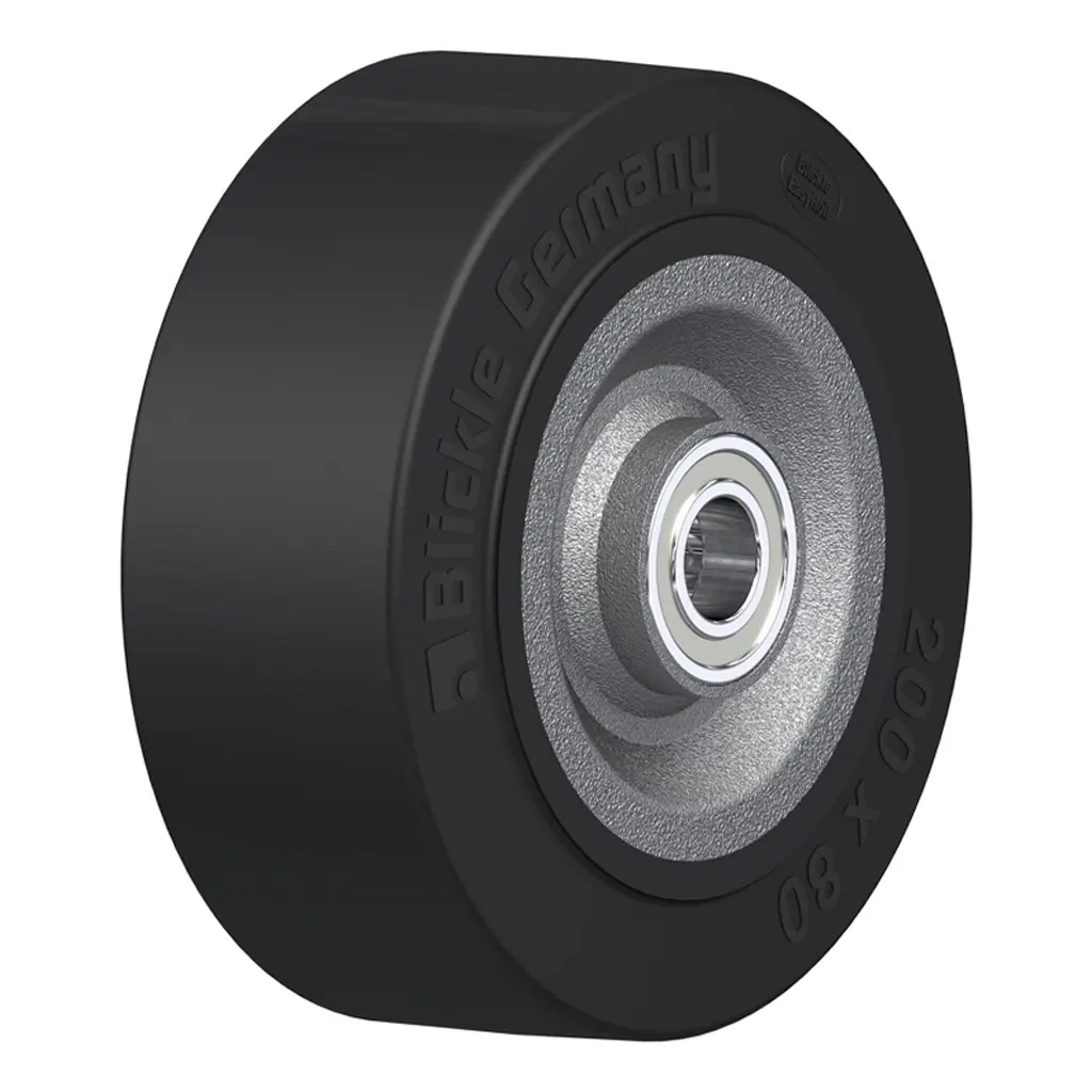 SE 202/25K Wheel series 200mm black elastic rubber on welded steel centre 25mm bore hub length 90mm ball bearings 850kg