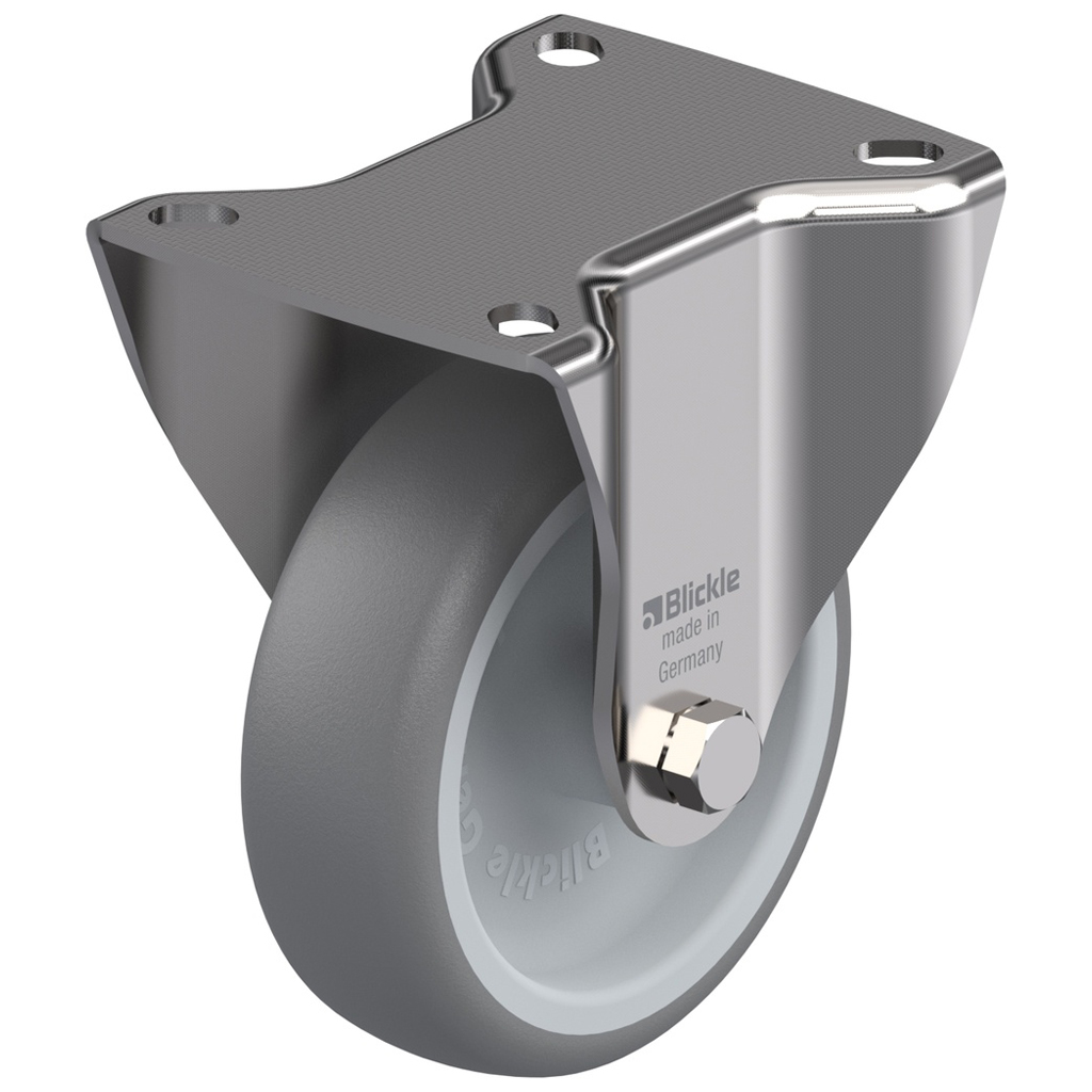 300SS series 100mm stainless steel fixed top plate 100x84mm castor with grey thermoplastic rubber on polypropylene centre plain bearing wheel 110kg