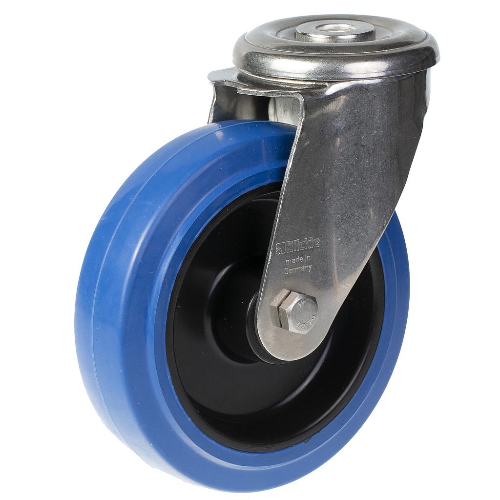 300SS series 125mm stainless steel swivel bolt hole 13mm castor with blue elastic rubber on nylon centre stainless steel roller bearing wheel 150kg 