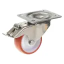 300SS series 80mm stainless steel swivel/brake top plate 100x85mm castor with polyurethane on nylon centre plain bearing wheel 120kg
