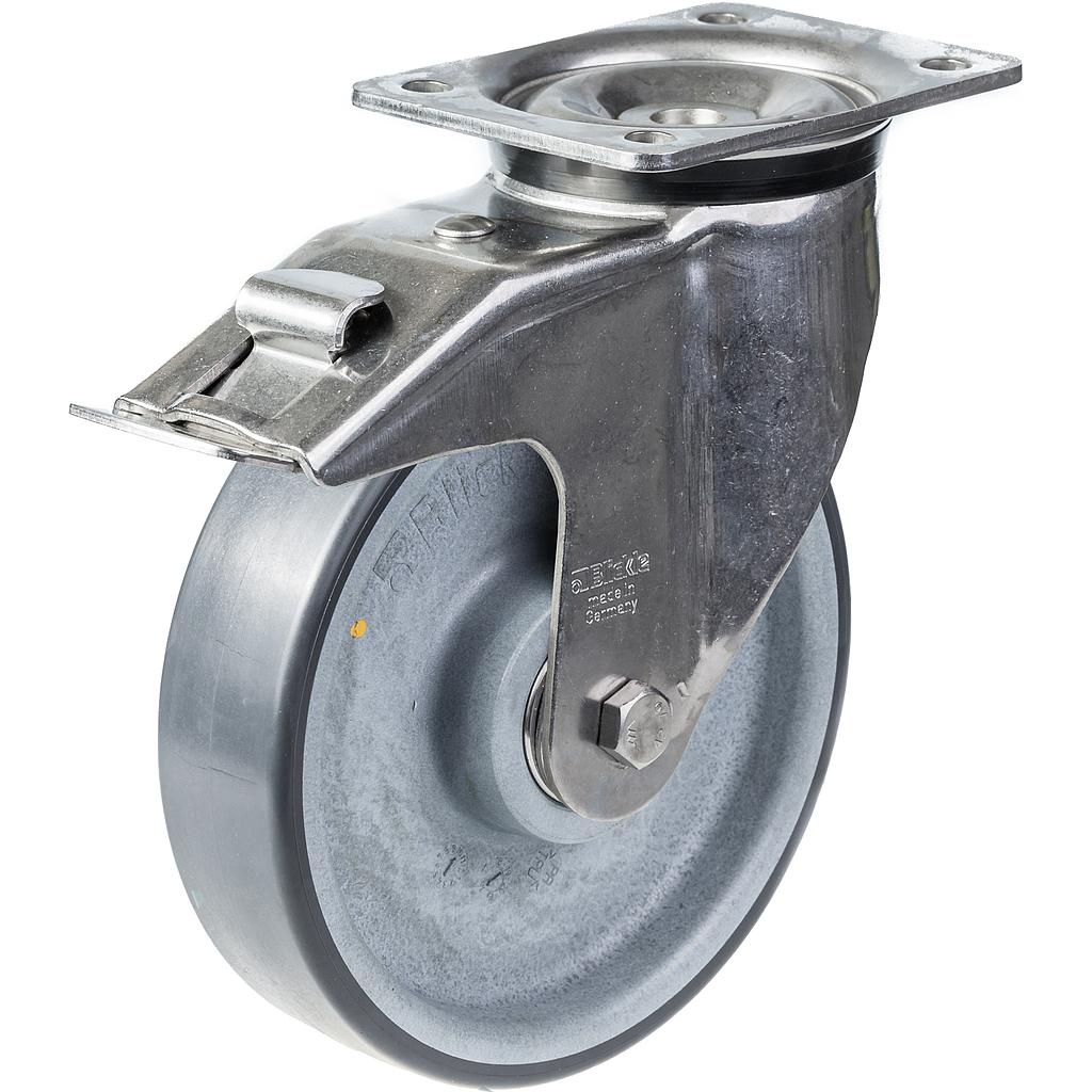 800SS series 200mm stainless steel swivel/brake top plate 140x110mm castor with electrically conductive POTH grey polyurethane on nylon centre stainless steel ball bearing wheel 520kg