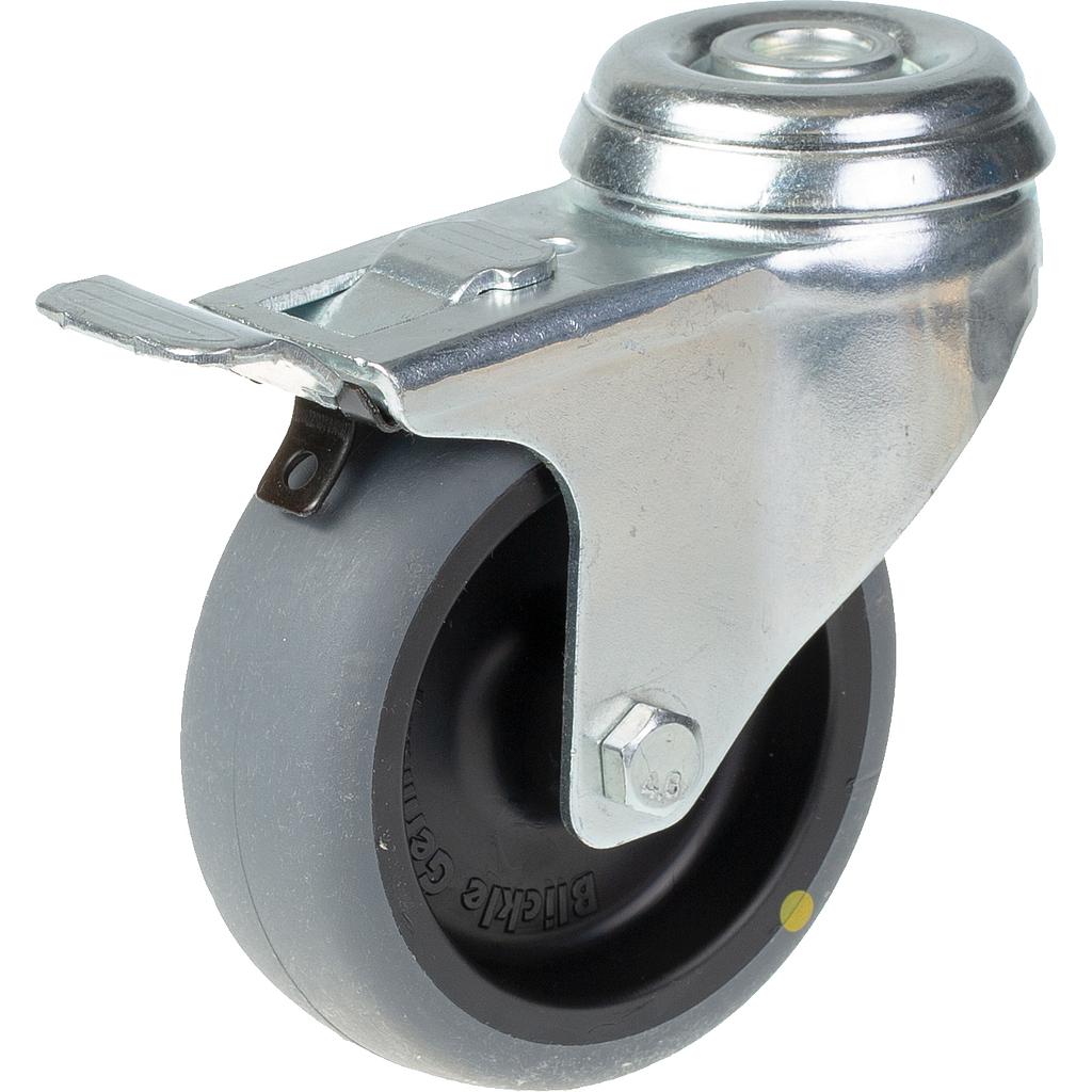 100 series 75mm swivel/brake bolt hole 10mm castor with electrically conductive grey thermoplastic rubber on polypropylene centre plain bearing wheel 50kg