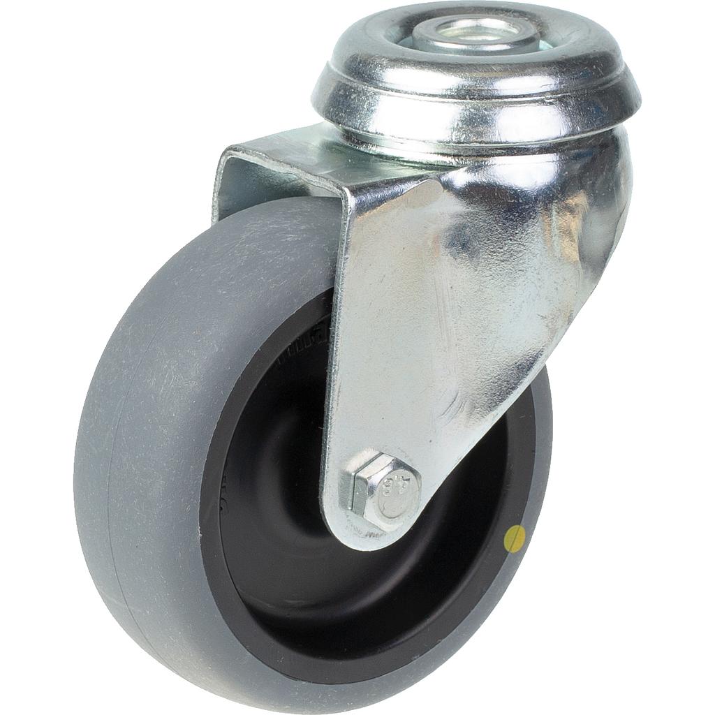 100 series 75mm swivel bolt hole 10mm castor with electrically conductive grey thermoplastic rubber on polypropylene centre plain bearing wheel 50kg