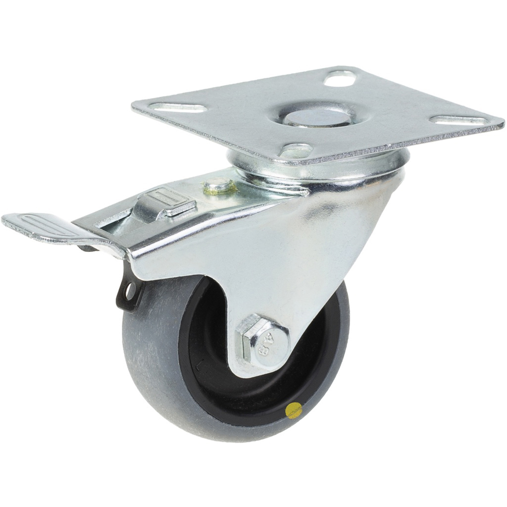 100 series 50mm swivel/brake top plate 60x60mm castor with electrically conductive grey thermoplastic rubber on polypropylene centre plain bearing wheel 30kg