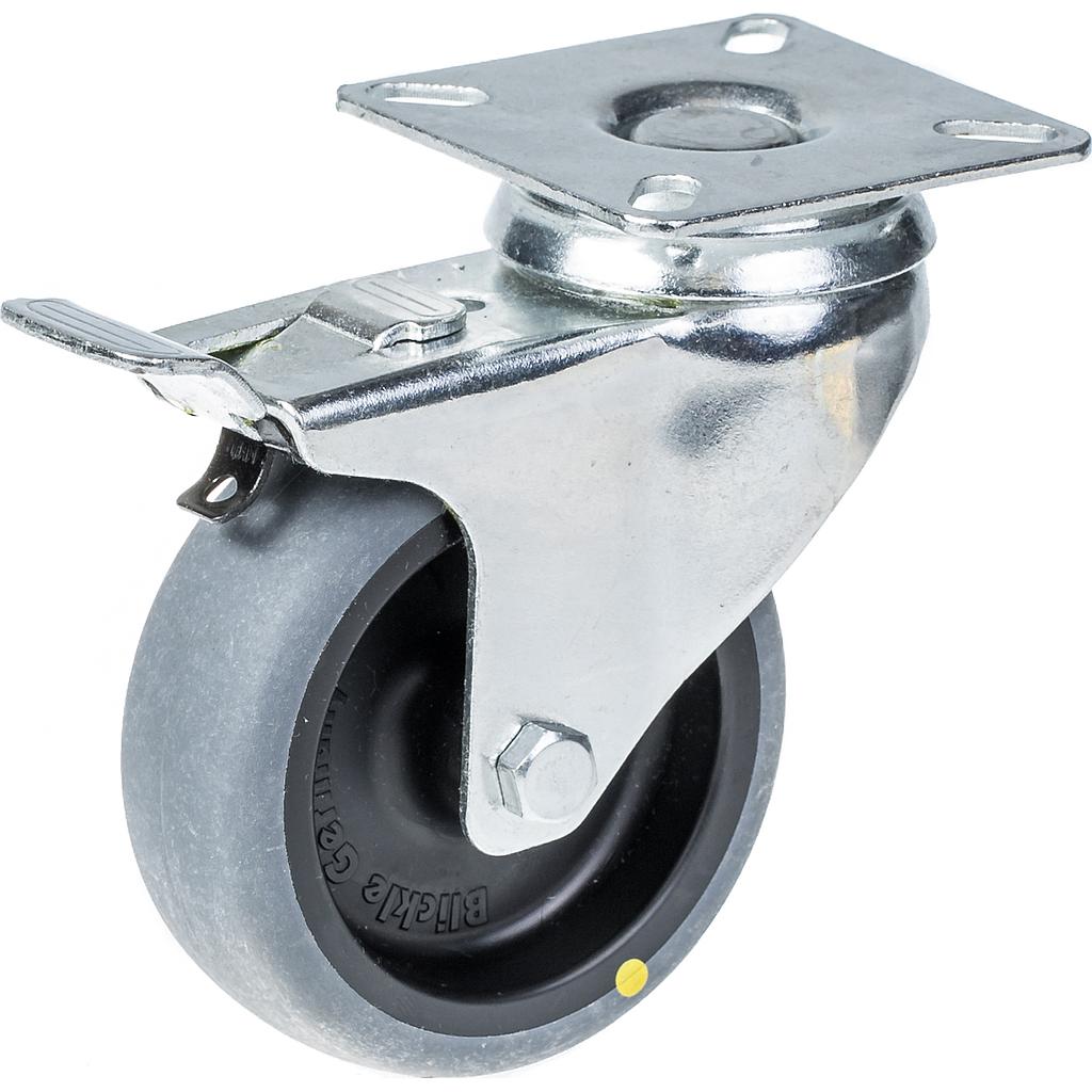 100 series 75mm swivel/brake top plate 60x60mm castor with electrically conductive grey thermoplastic rubber on polypropylene centre plain bearing wheel 50kg