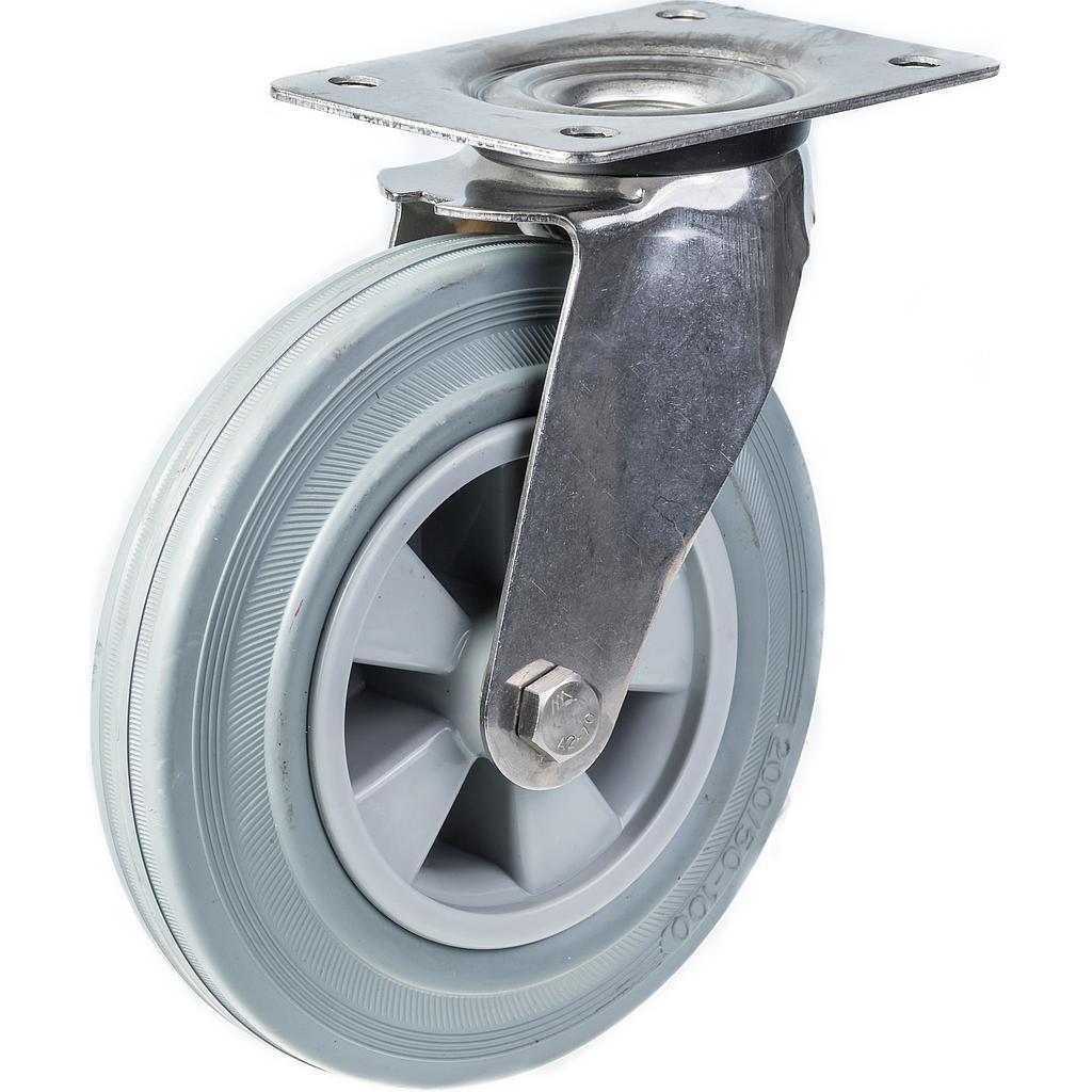 300SS series 200mm stainless steel swivel top plate 140x110mm castor with grey rubber on polypropylene centre plain bearing wheel 205kg
