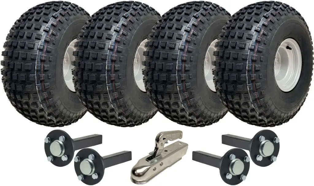 Twin axle ATV Trailer Kit, 22x11.00-8 4pr P323 Knobby tyre, Hub/stub axle 35x35mm, pressed hitch, 620kg load capacity