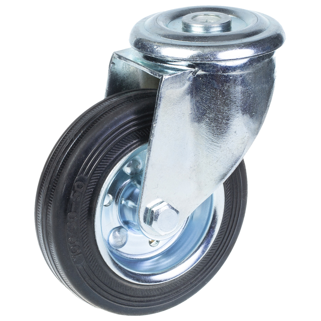 300 series 100mm swivel bolt hole 12,5mm castor with black rubber on pressed steel centre roller bearing wheel 90kg