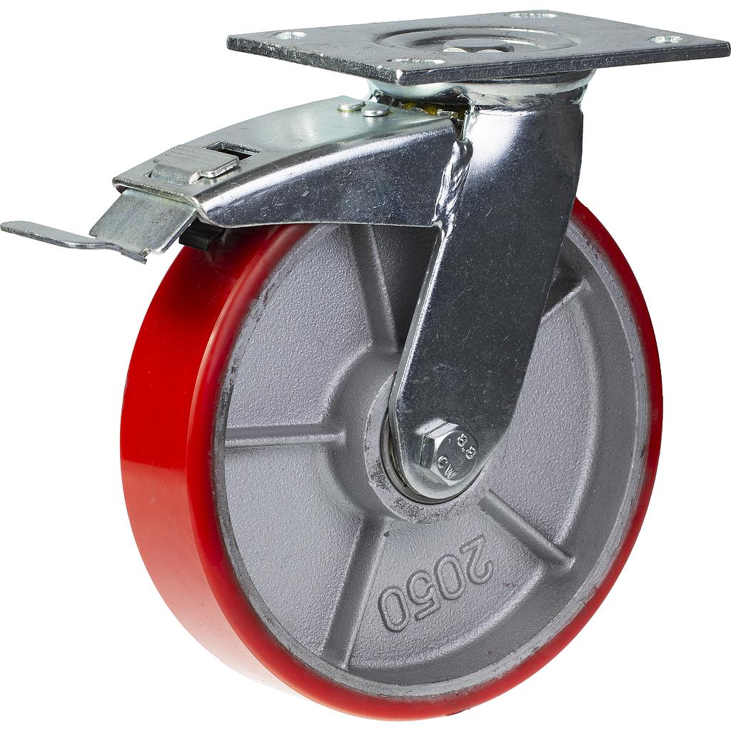 500 series 200mm swivel/brake top plate 140x110mm castor with polyurethane on cast iron centre ball bearing wheel 500kg