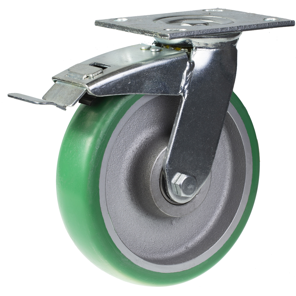 500 series 200mm swivel/brake top plate 140x110mm castor with green convex elastic polyurethane on cast iron centre ball bearing wheel 500kg