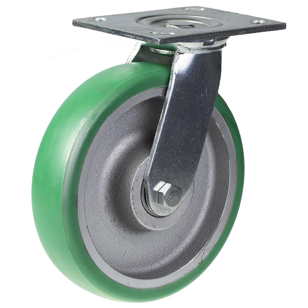 500 series 200mm swivel top plate 140x110mm castor with green convex elastic polyurethane on cast iron centre ball bearing wheel 500kg