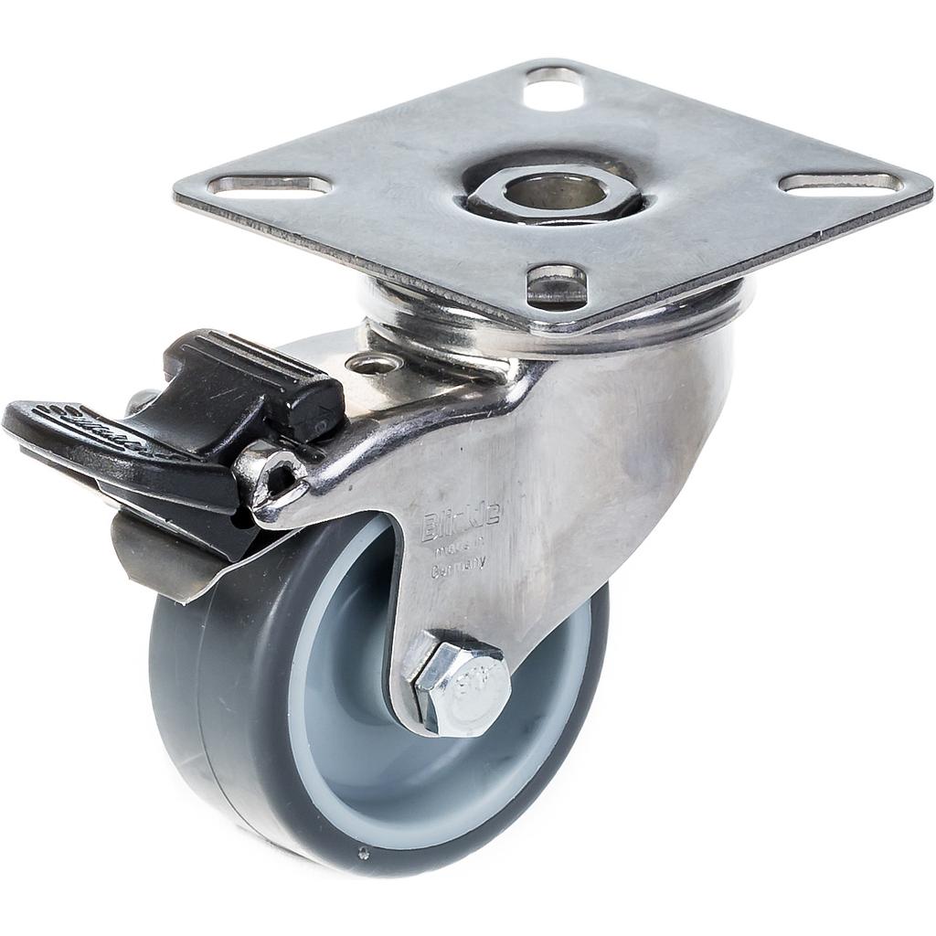 100SS series 50mm stainless steel swivel/brake top plate 60x60mm castor with grey thermoplastic rubber on polypropylene centre plain bearing wheel 40kg