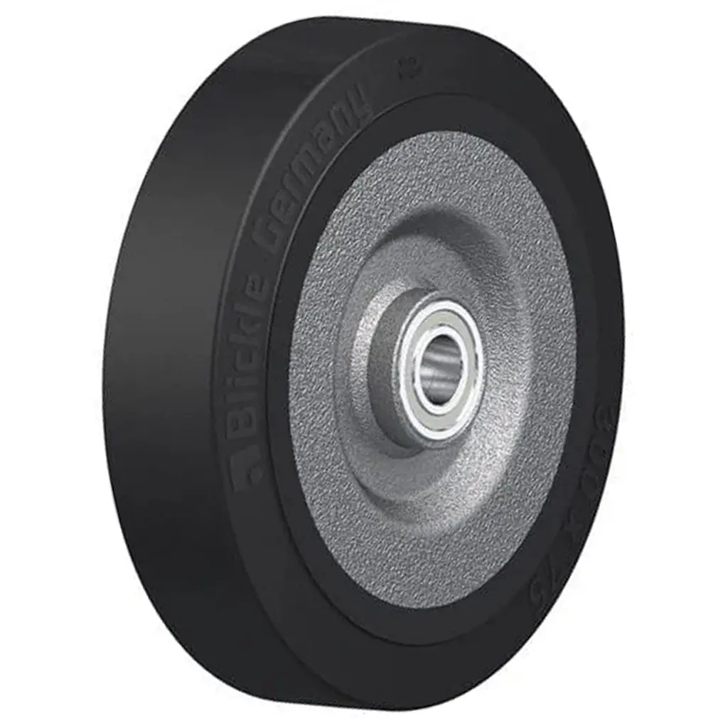 SE 300/30K Wheel series 300mm black elastic rubber on welded steel centre 30mm bore hub length 85mm ball bearings 1000kg