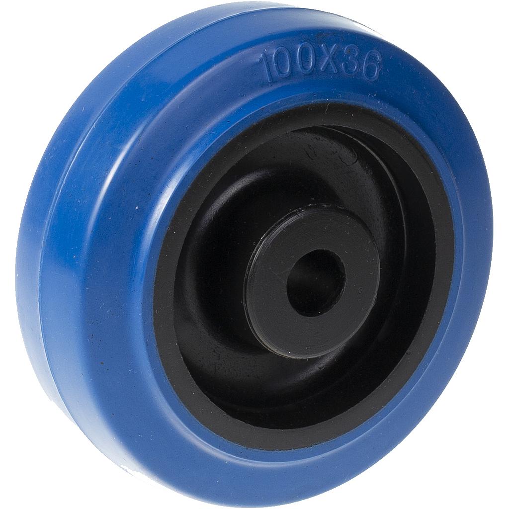 Wheel series 100mm blue elastic rubber on nylon centre 12mm bore hub length 44mm plain bearing 150kg