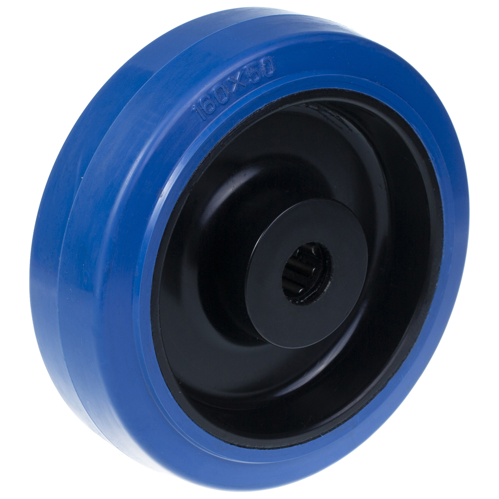 Wheel series 160mm blue elastic rubber on nylon centre 20mm bore hub length 60mm roller bearing 300kg