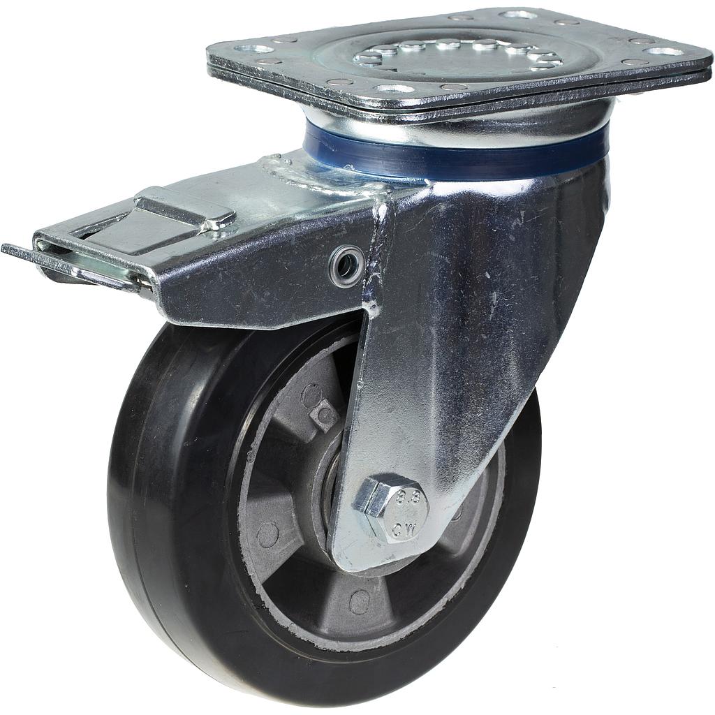 800 series 152mm swivel/brake top plate 135x110mm castor with black elastic rubber on aluminium centre ball bearing wheel 400kg